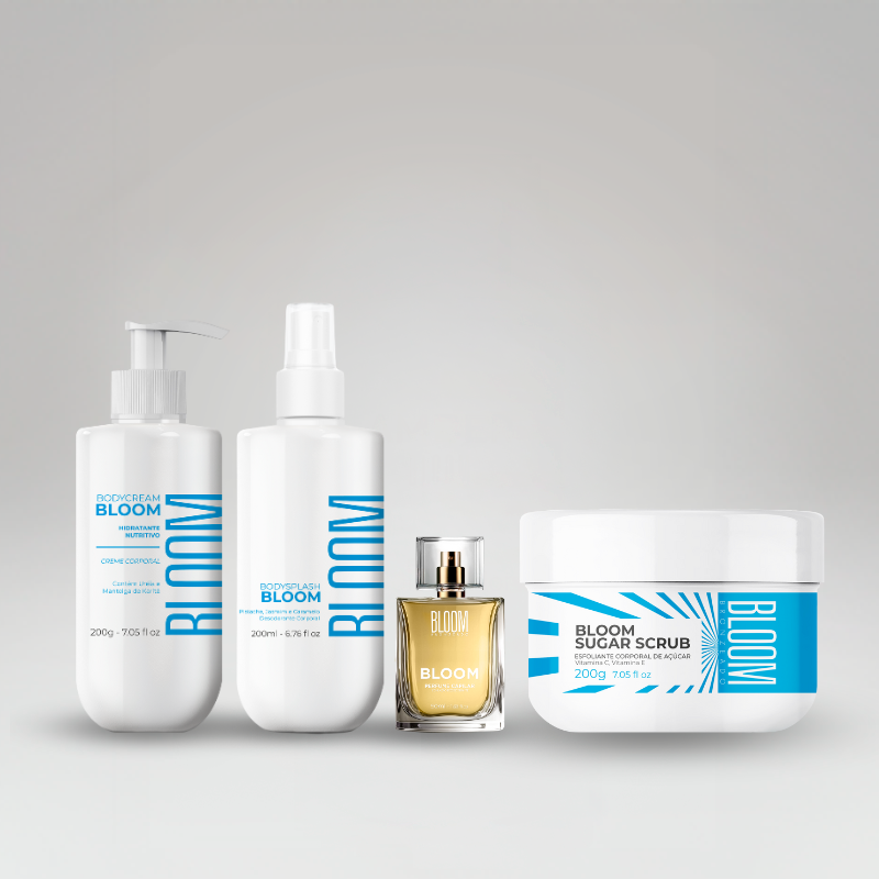 Kit Bloom - Esfoliante Corporal, Body Splash, Body Cream e Perfume Capilar