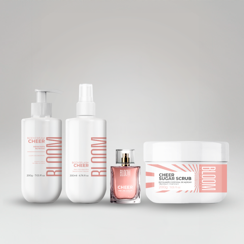 Kit Cheer - Esfoliante Corporal, Body Splash, Body Cream e Perfume Capilar